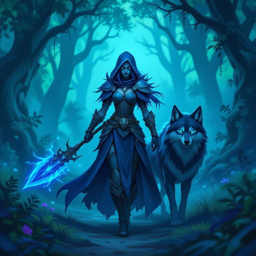 Kindred Hunter and Wolf in Mystical Forest