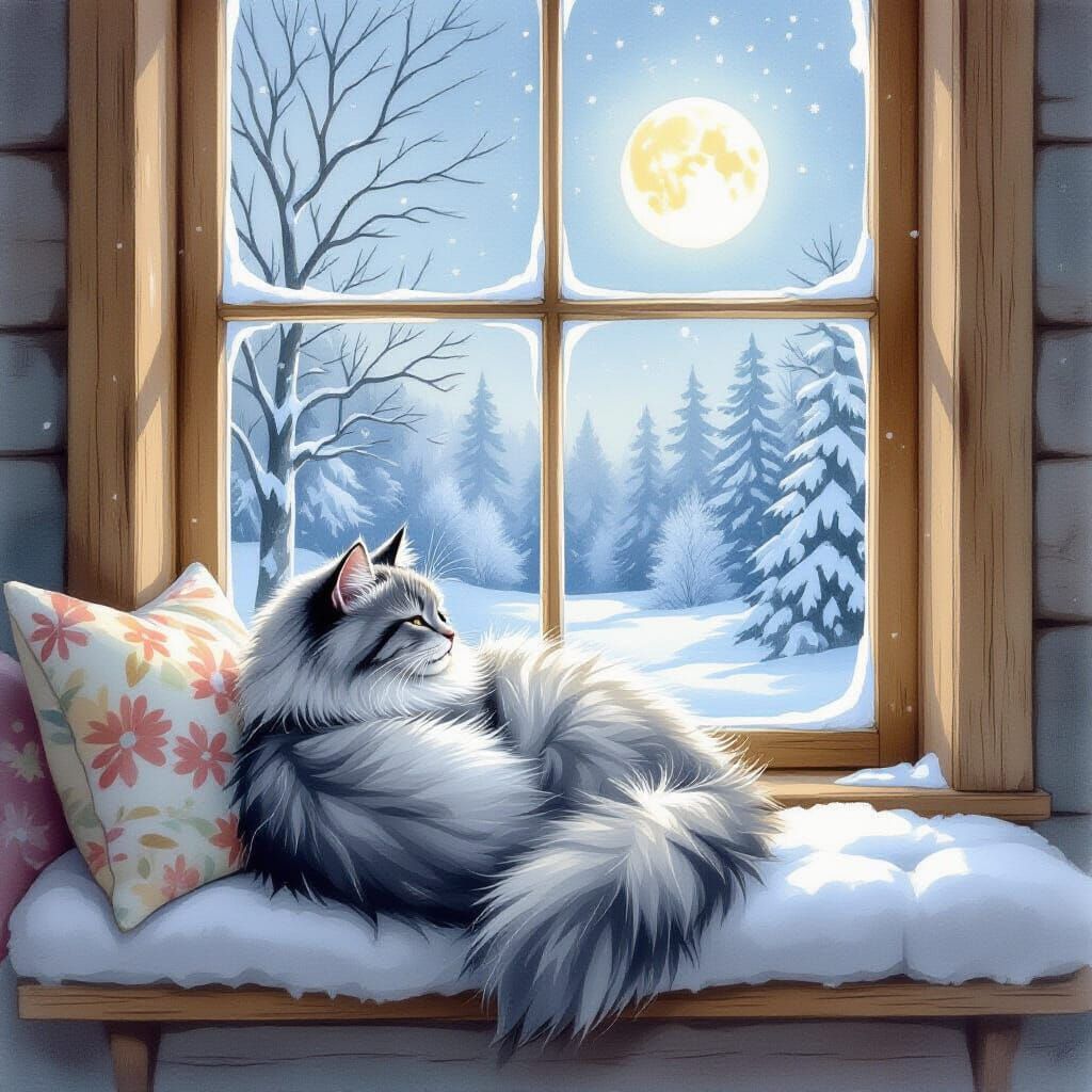 Cozy Cat in Snowy Cottage: Watercolor Fantasy