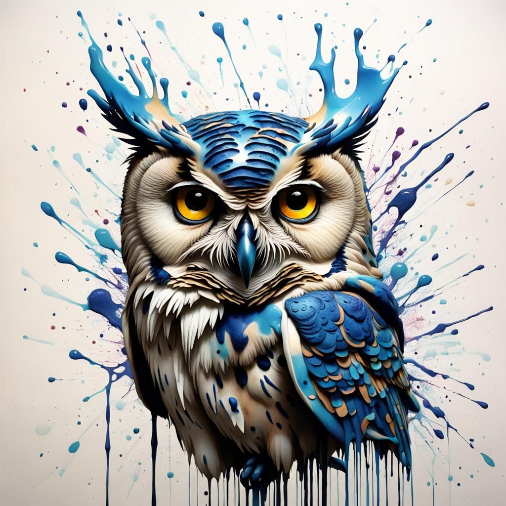 Ink Splatter Owl in Surreal Glitch Art Style