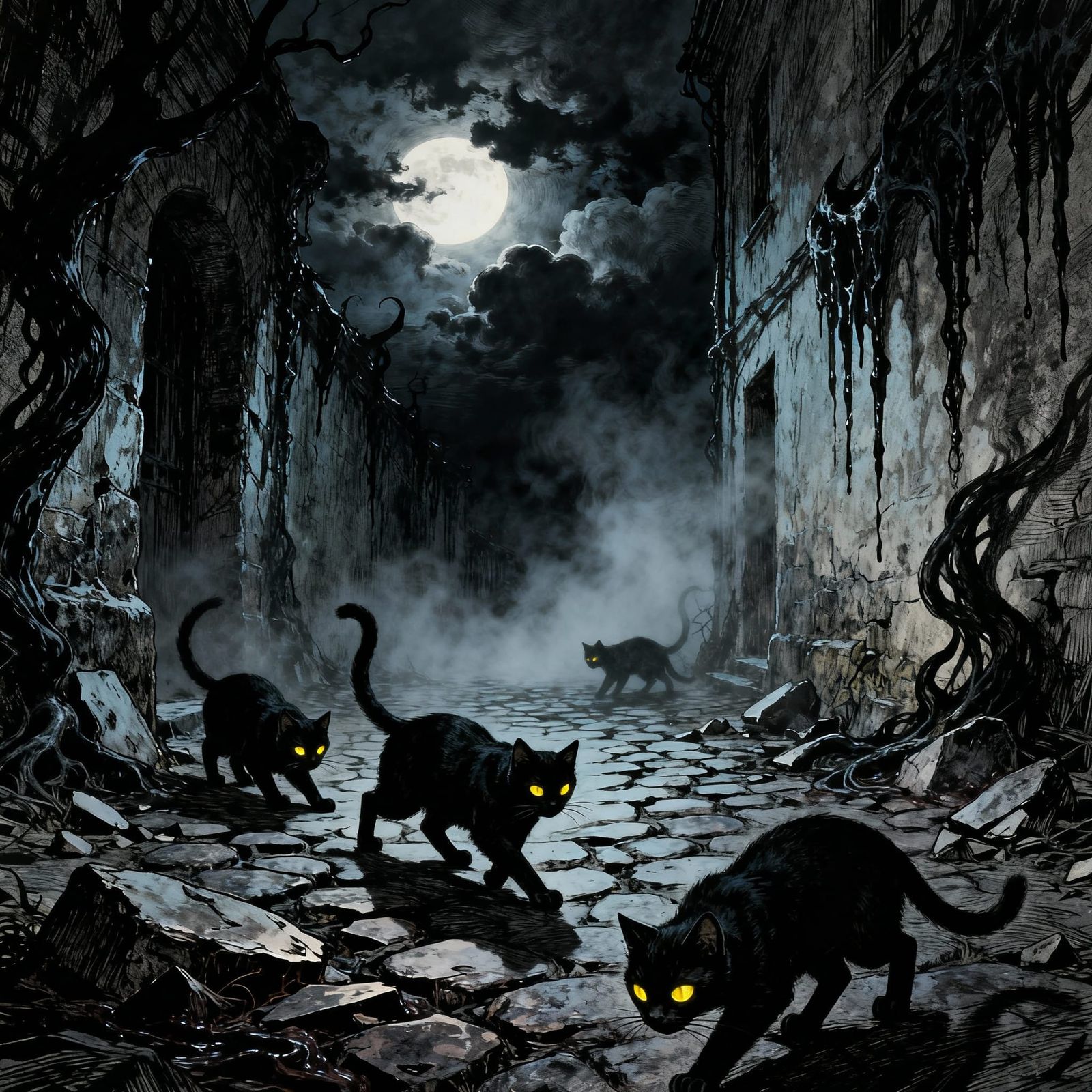 Eerie Alleyway with Black Cats in Moonlight