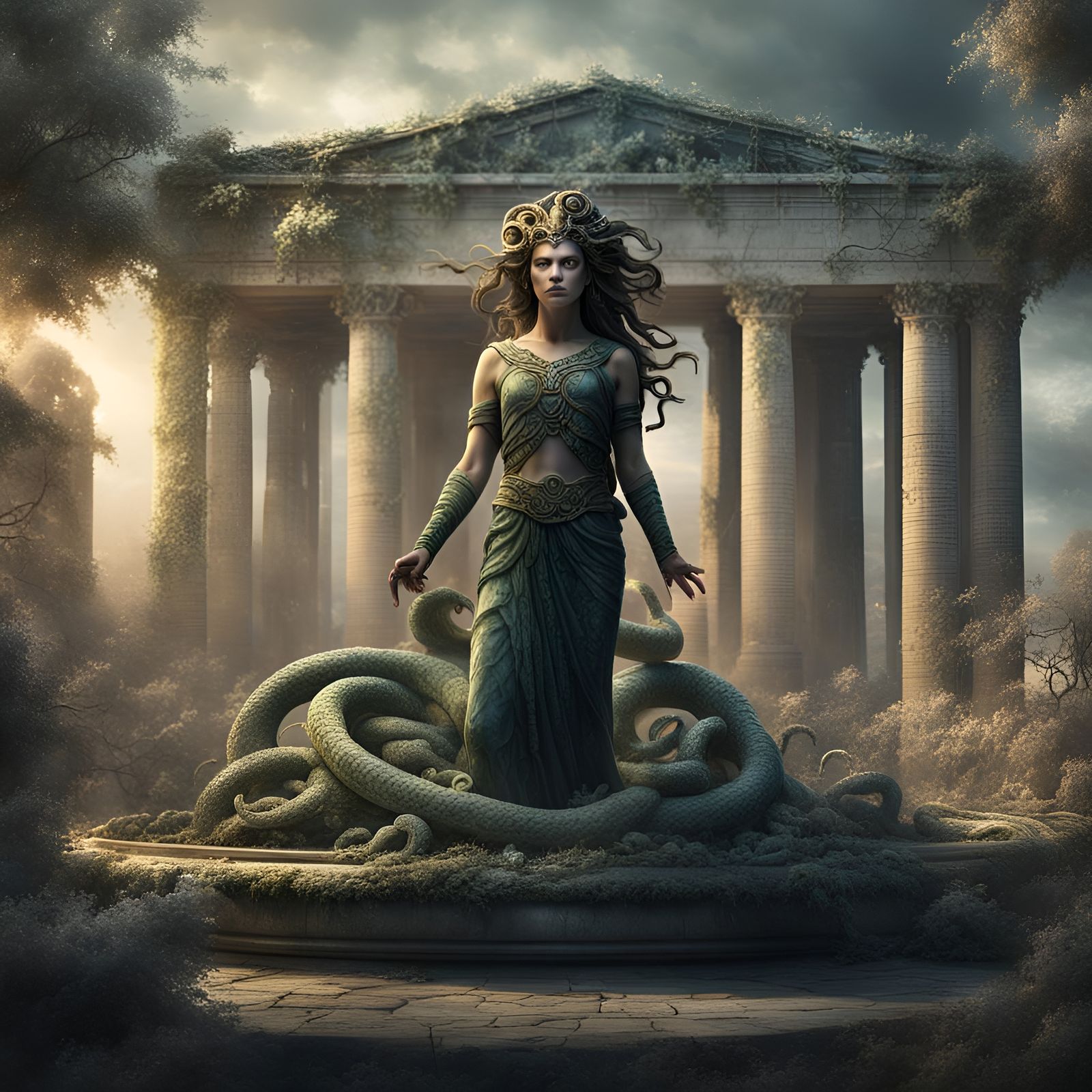Medusa in Stone Garden: Greek-Inspired Digital Portrait