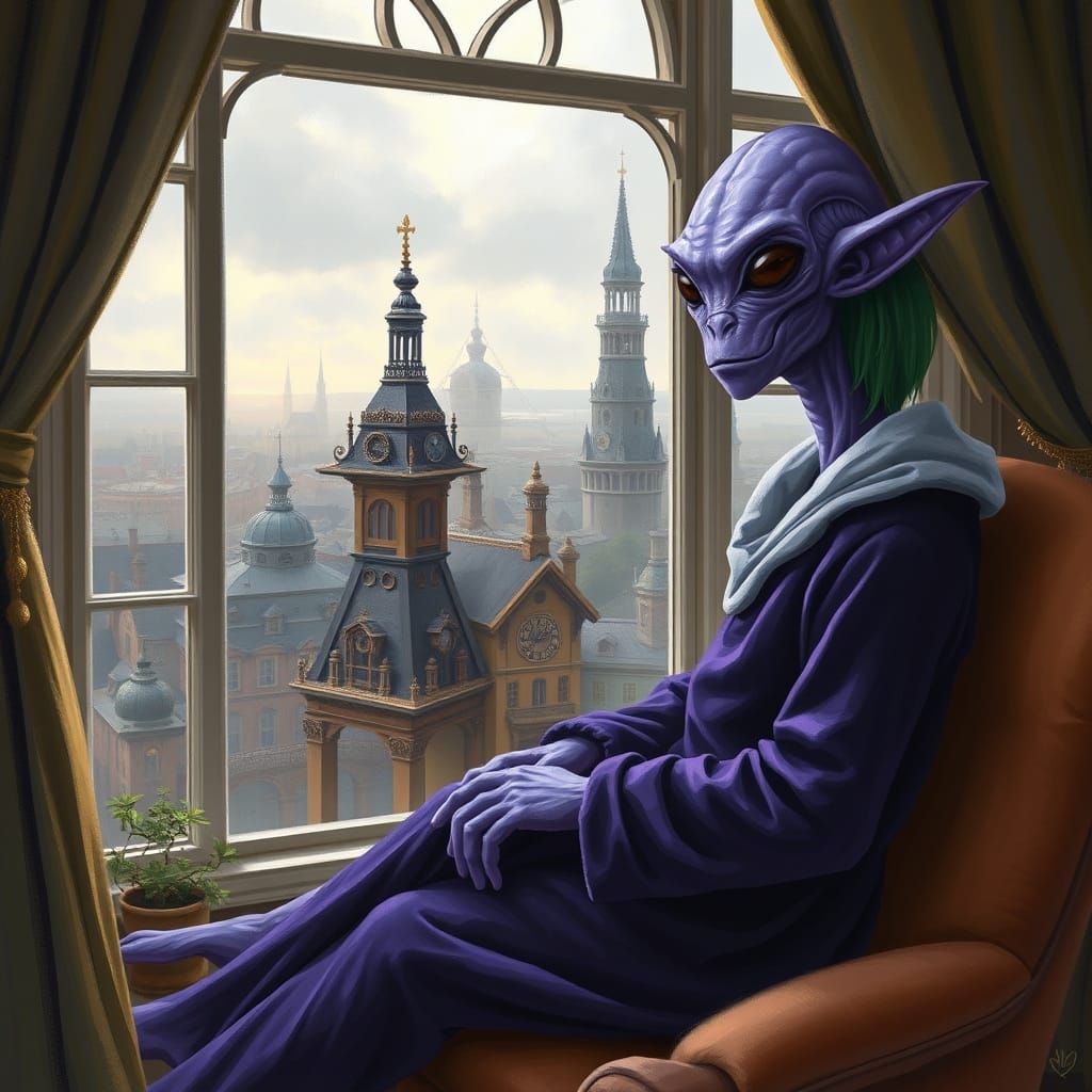 Purple Alien in Steampunk Cityscape, Impressionist Style