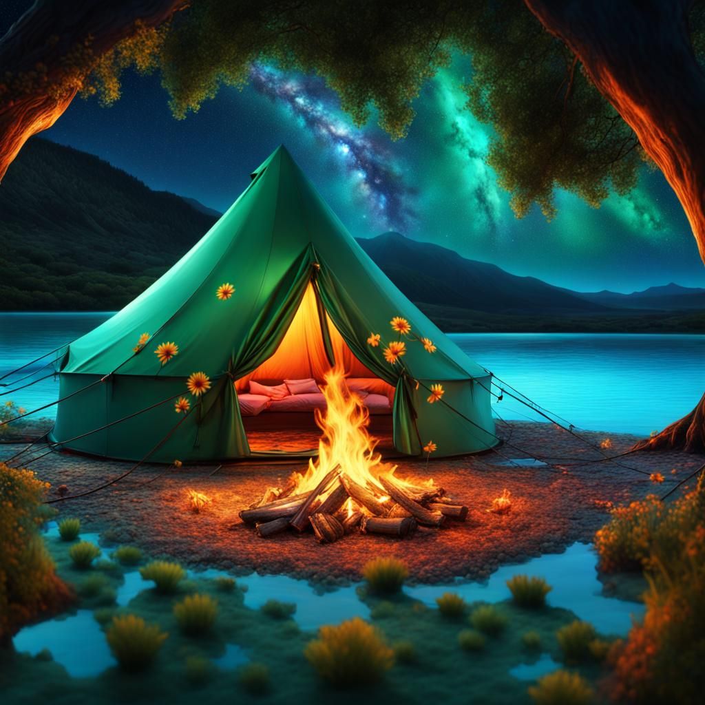 Magical Tent Under Night Stars in Hyperrealistic Style