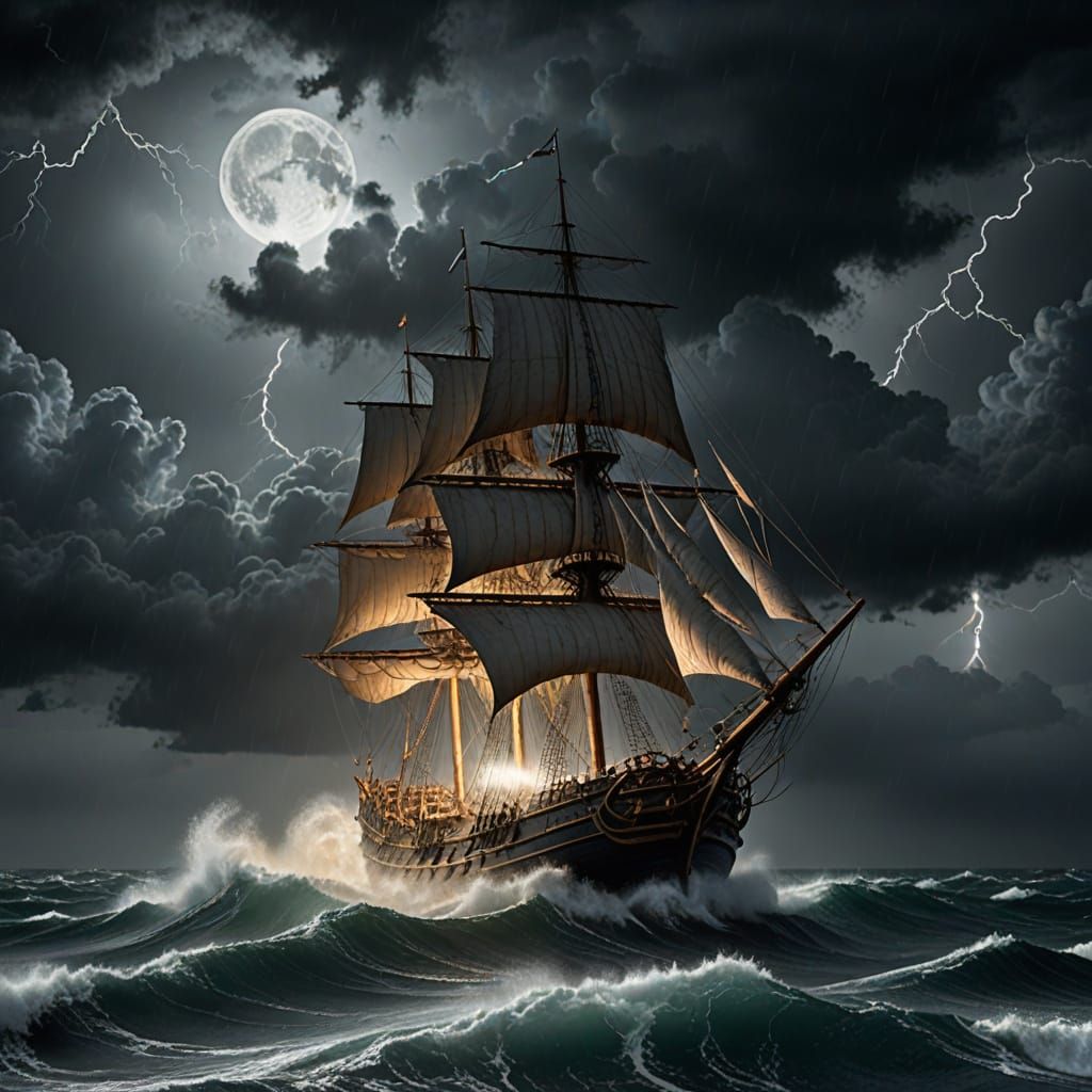 Sailing Ship Battles Stormy Seas Under Lightning Sky
