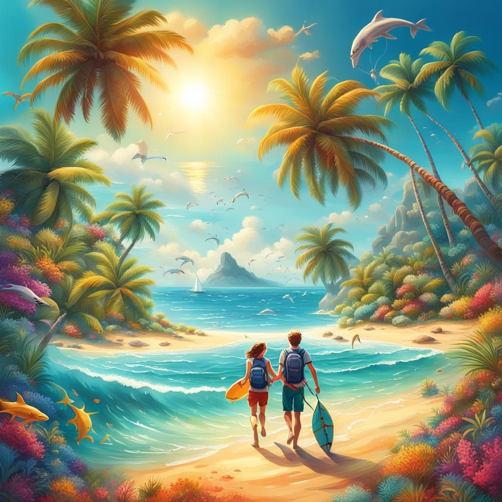 Teenage Sweethearts on Tropical Beach: Matte Painting