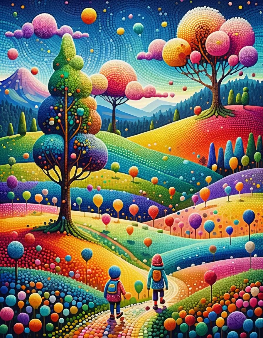 Whimsical Dot Art Landscape in Pointillism Style