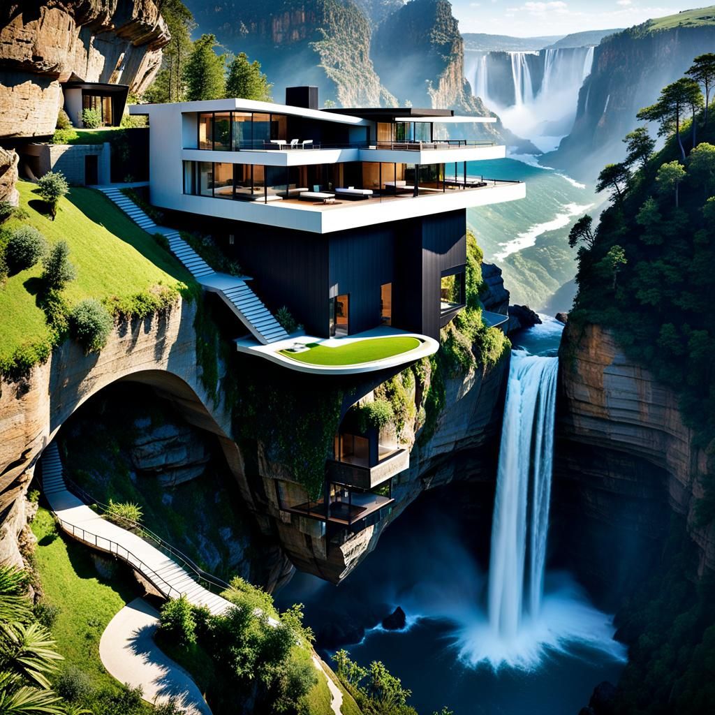 Cliffside House with Waterfall: Architectural Marvel