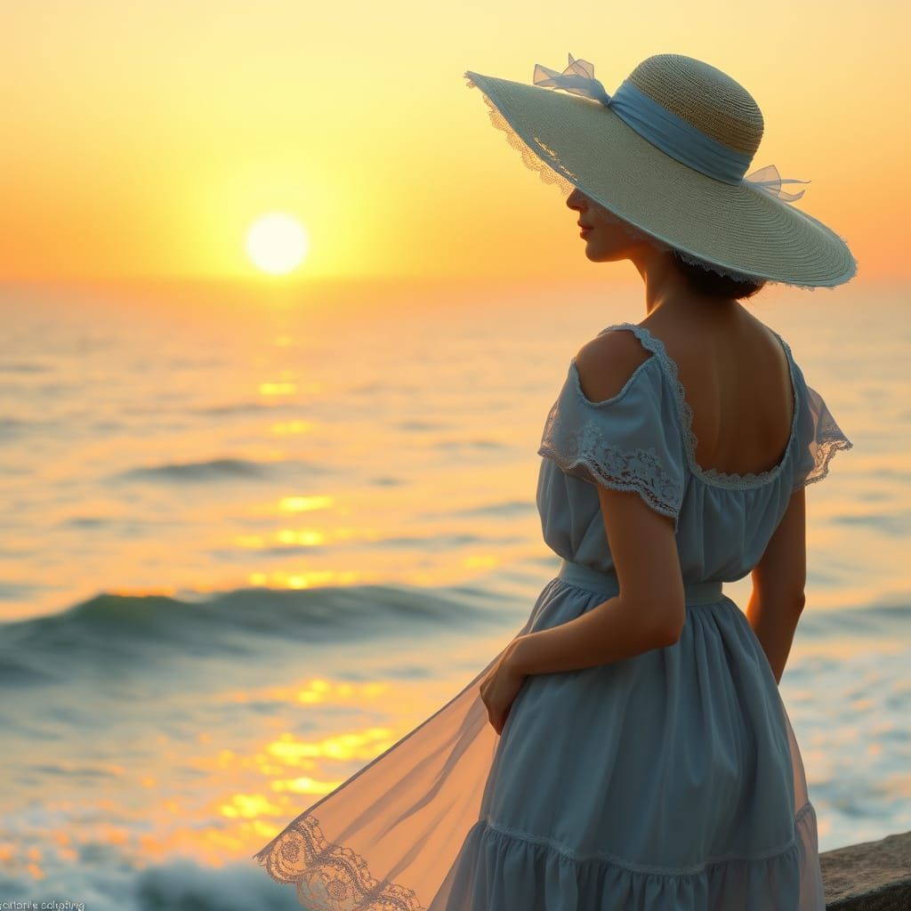 Elegant European Woman Silhouetted Against Sunset Ocean