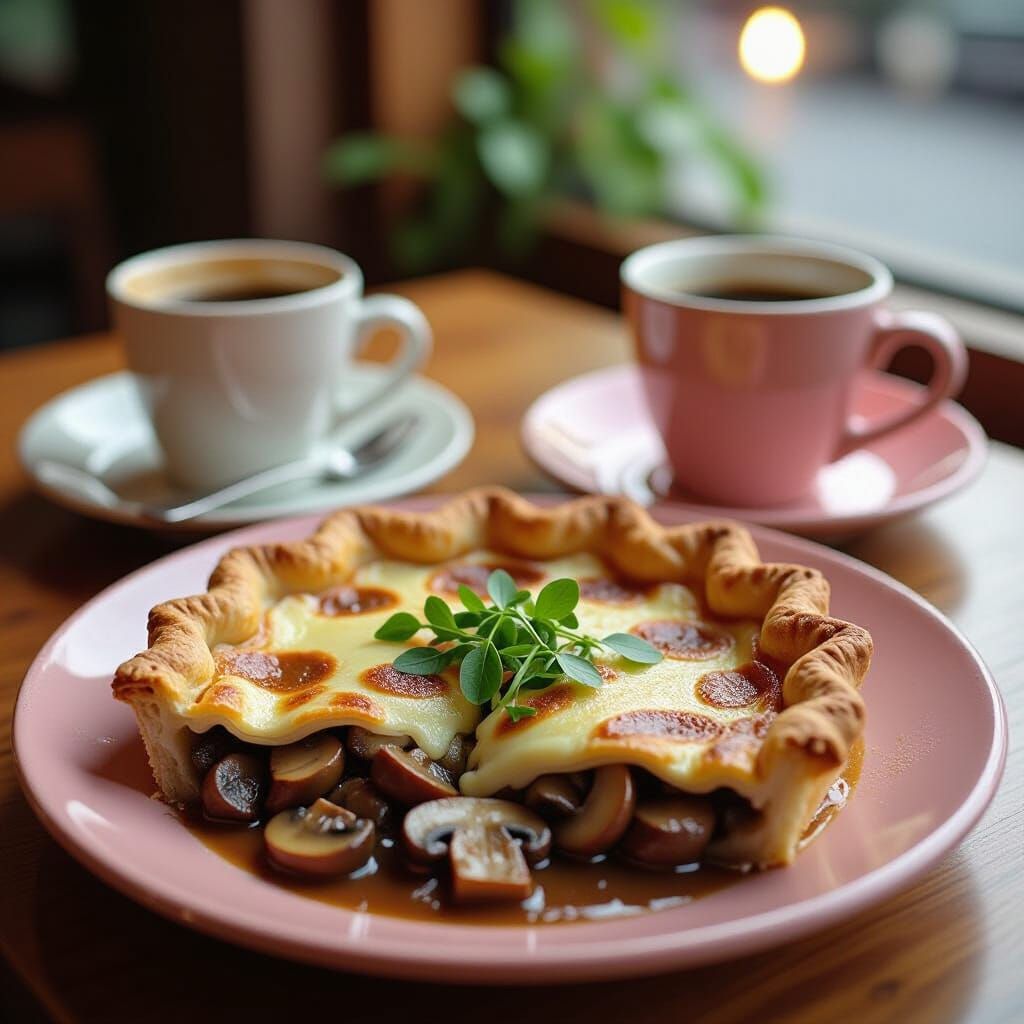 Mushroom Pie with Greens in Cafe, Professional Photo