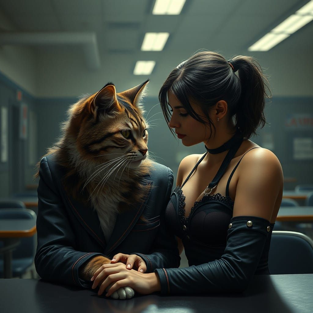 Epic Cinematic Cat and Cat Woman in a Majestic School Settin...