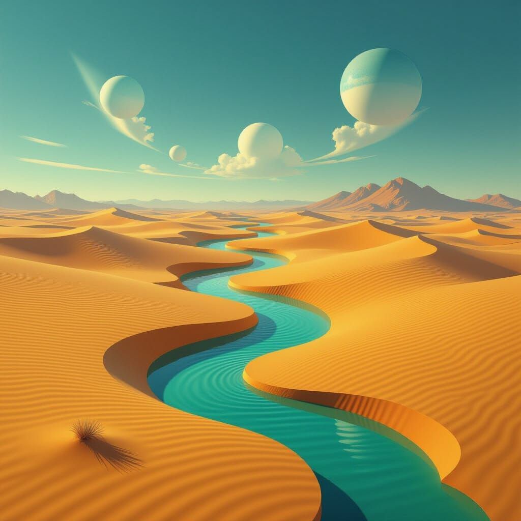 Surreal Desert Oasis Mirage with Flowing Elements