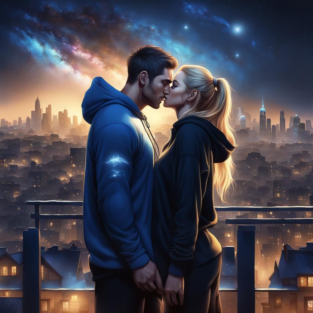 Rugby Player Kissing Woman Under Starry Night Sky