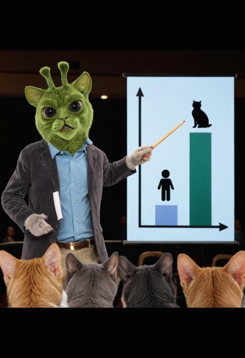 Angry Alien Cat Points at Chart: Hyperrealistic Photography
