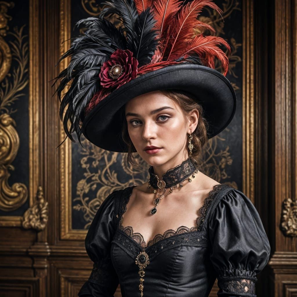 Victorian Gothic Woman in Velvet Gown and Feathered Hat