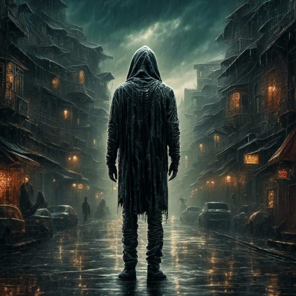 Hooded Figure in Giger-esque Rainy Street