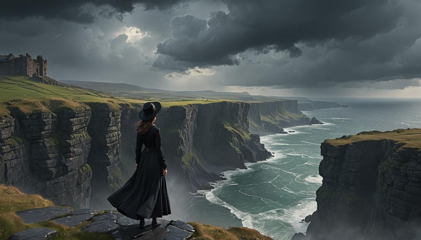 Woman on Irish Cliff in Detailed Matte Painting