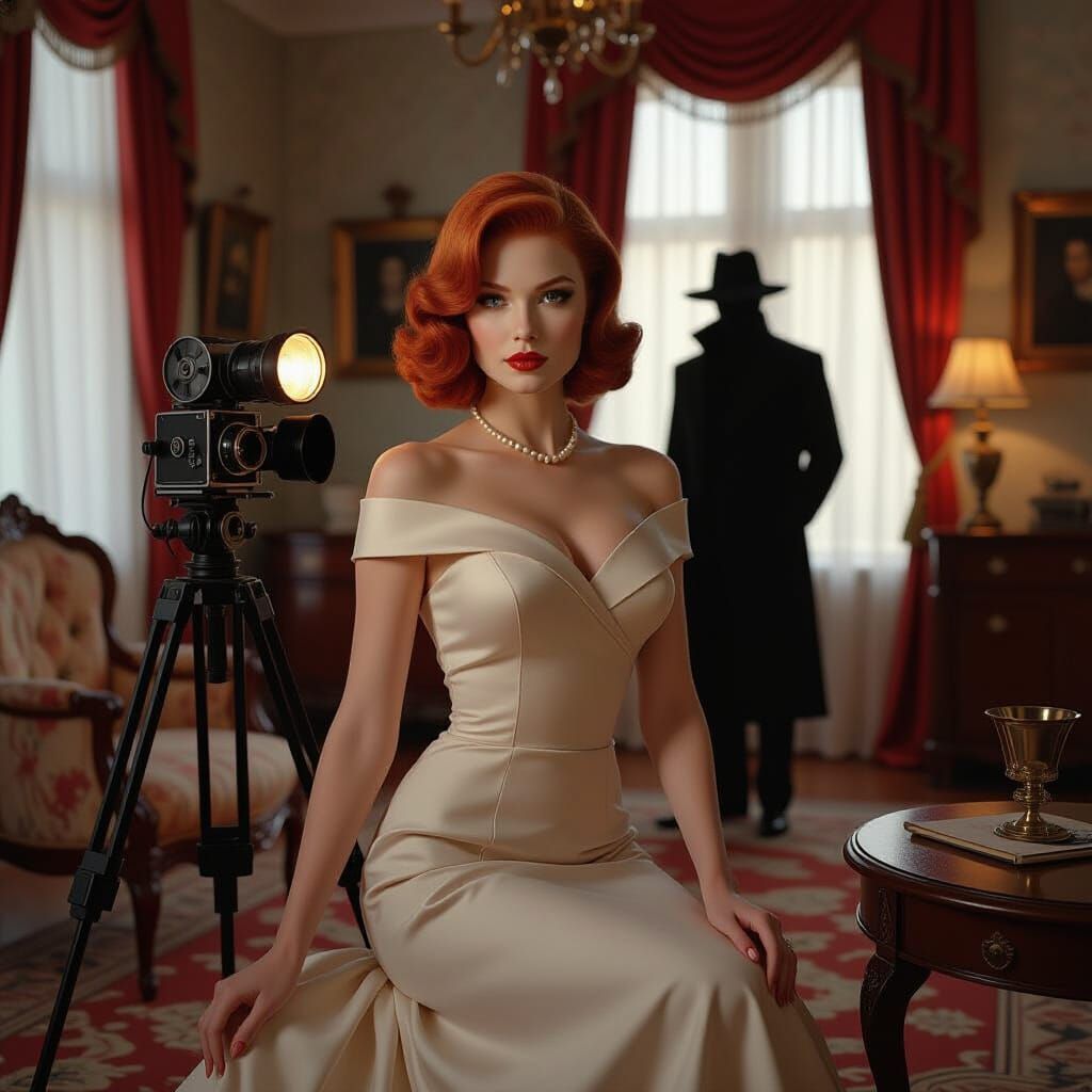 Albino Temptress in 1950s Parlor, Film Noir Style