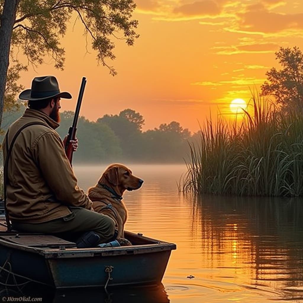 Duck Hunter and Retriever at Dawn in Painterly Style