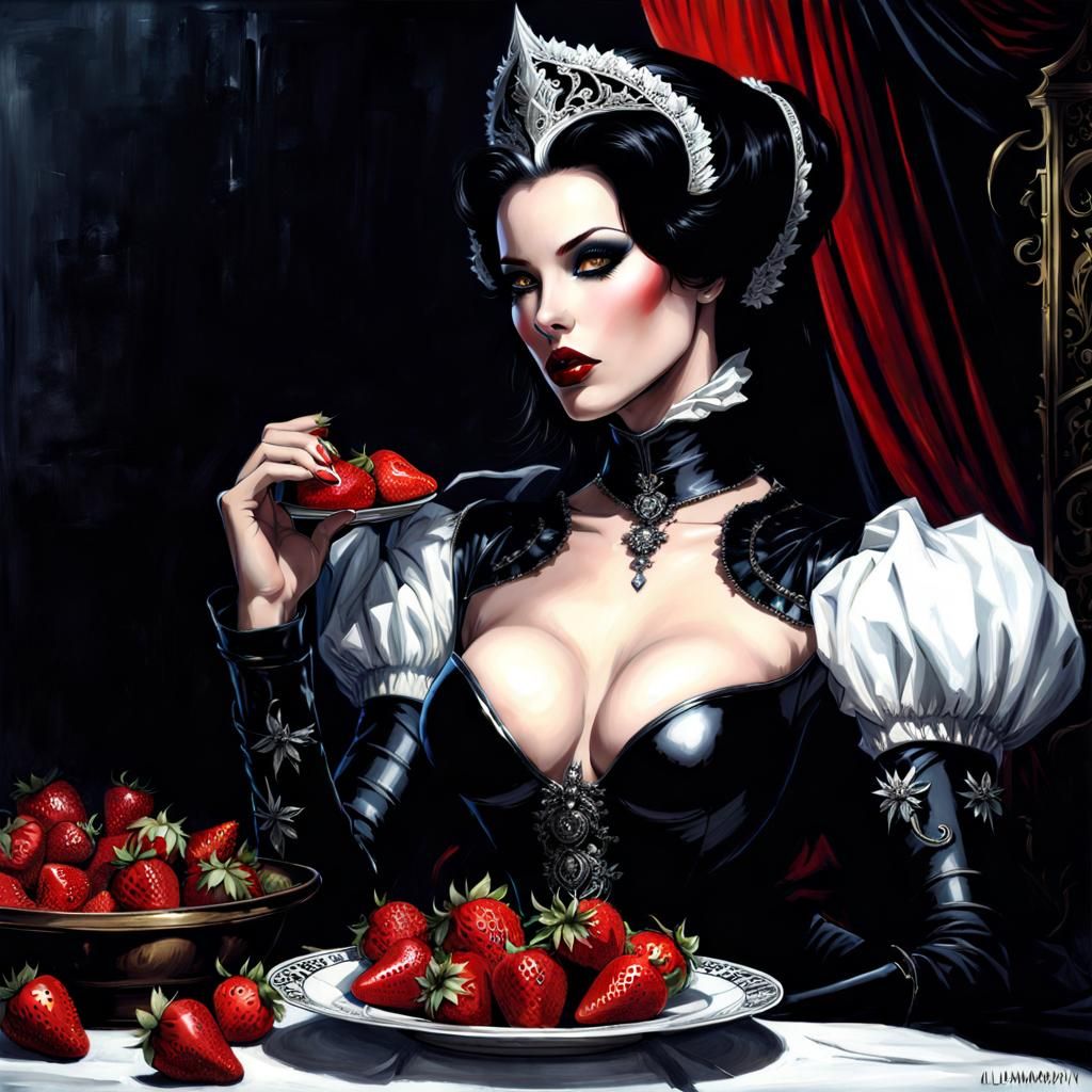 Gothic Mistress Eating Strawberries in Dark Fantasy Style