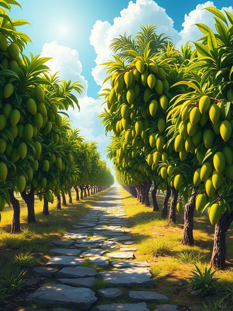 Sunlit Green Mango Orchard Digital Painting
