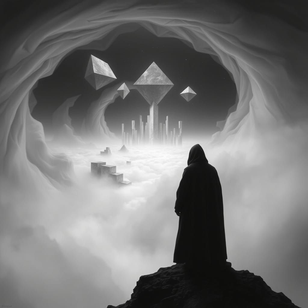 Ethereal Figure at the Edge of a Boundless Void in Monochrom...