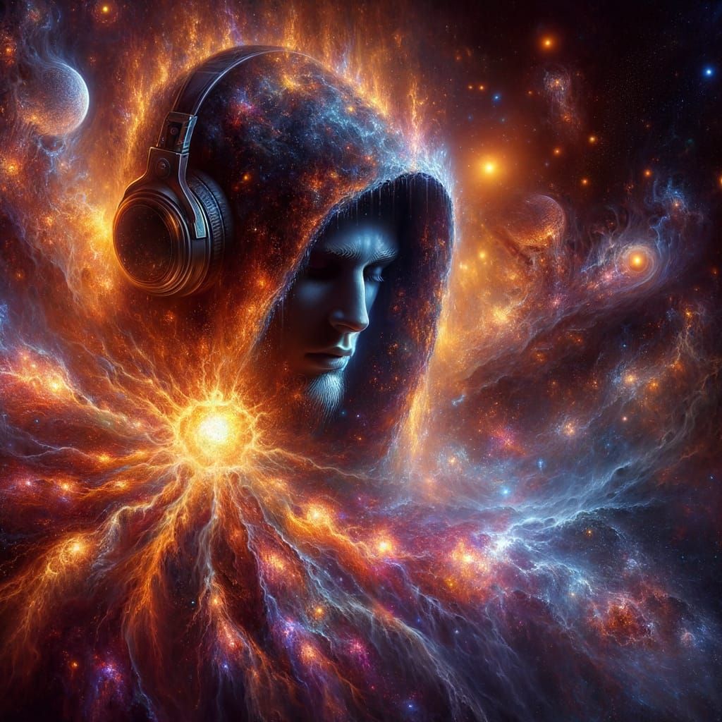 Cosmic Hooded Figure Bowing Before The Aeonic Flame