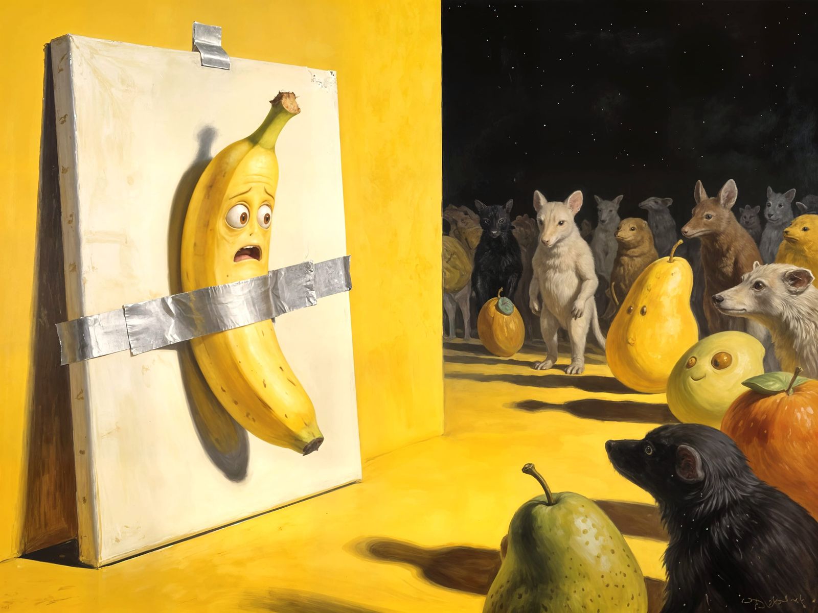 Scared Banana Taped to Canvas