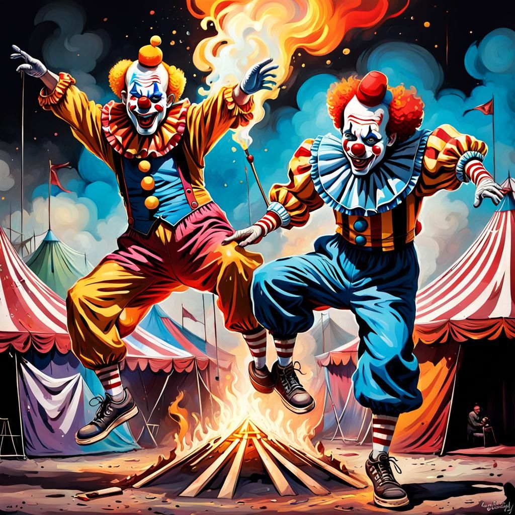 Clown and Acrobat Burning Circus Tent in Graffiti Style