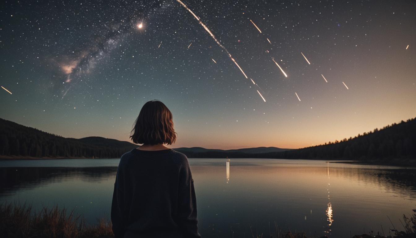 Girl Watching Shooting Stars Over Lake at Night