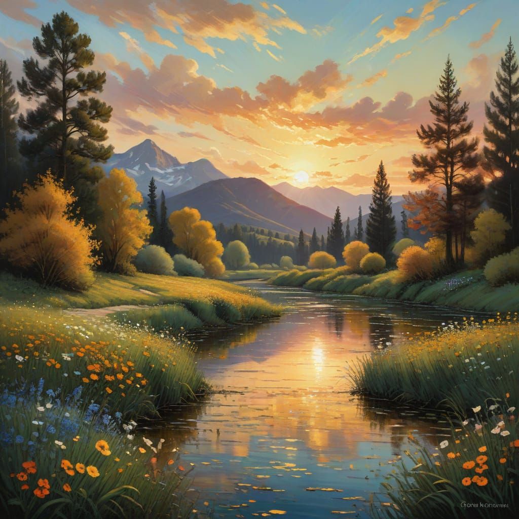 Surreal Landscape with Majestic Mountains and Tranquil River