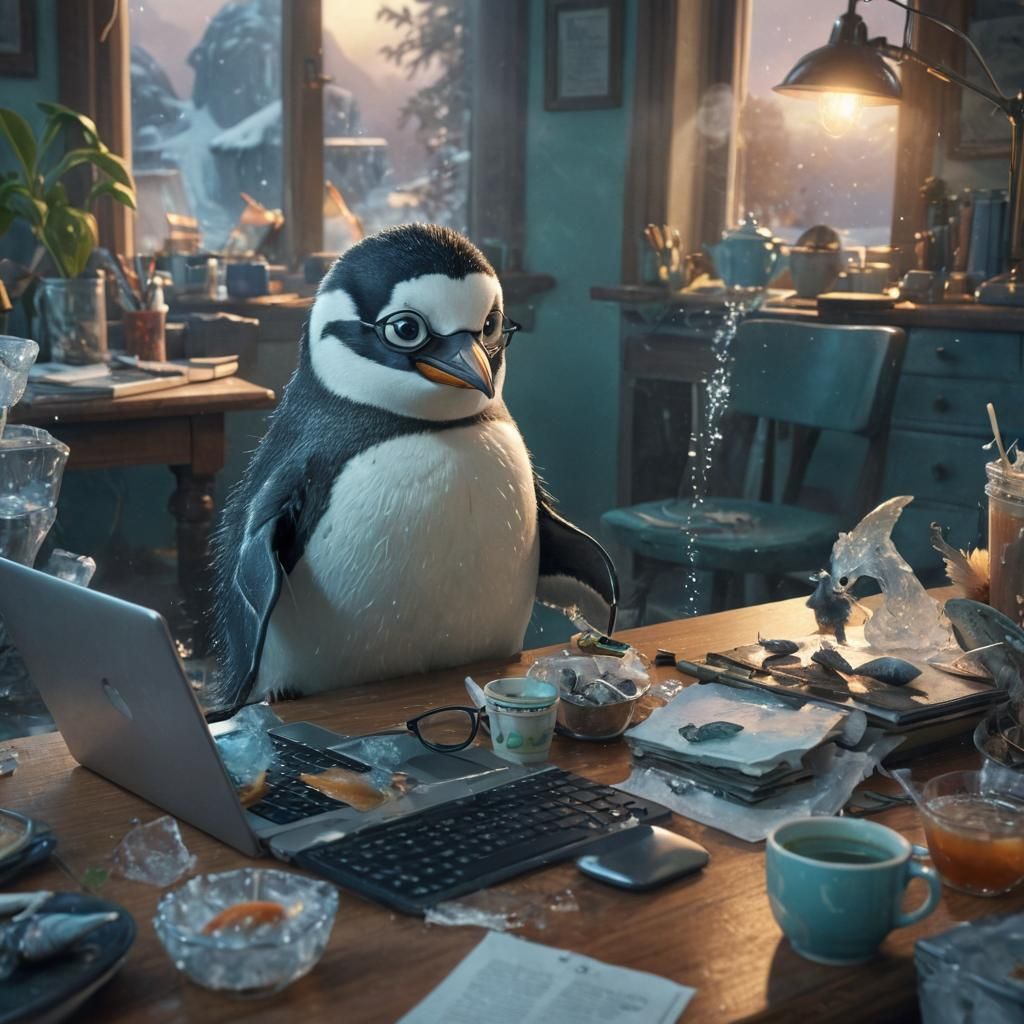 Penguin's Digital Dilemma: A Whimsical Concept Art