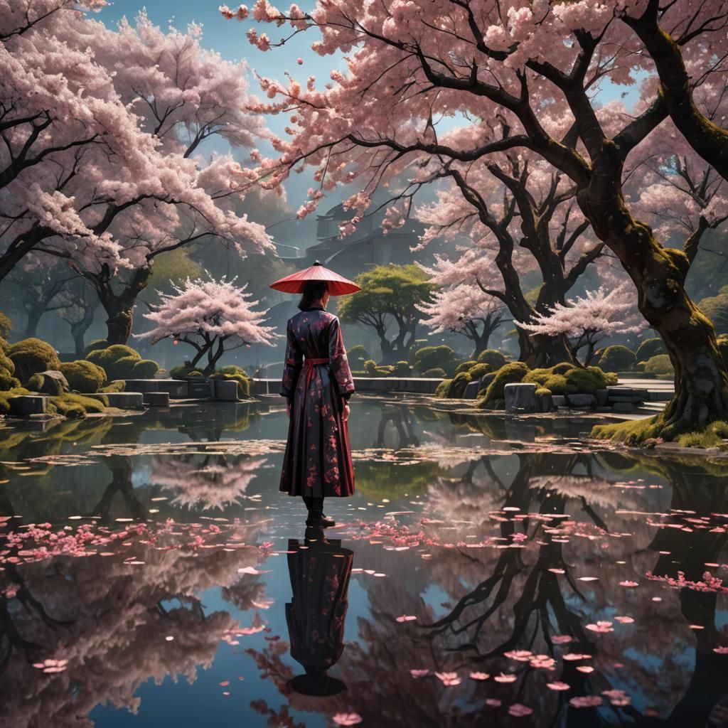 Cherry Blossom Pond: Detailed Matte Painting