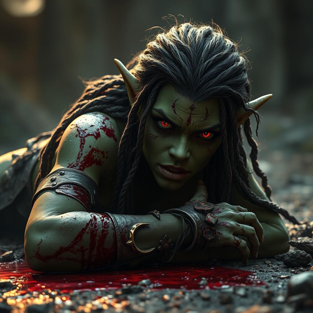 Wounded Orc Warrior on Blood-Soaked Battlefield