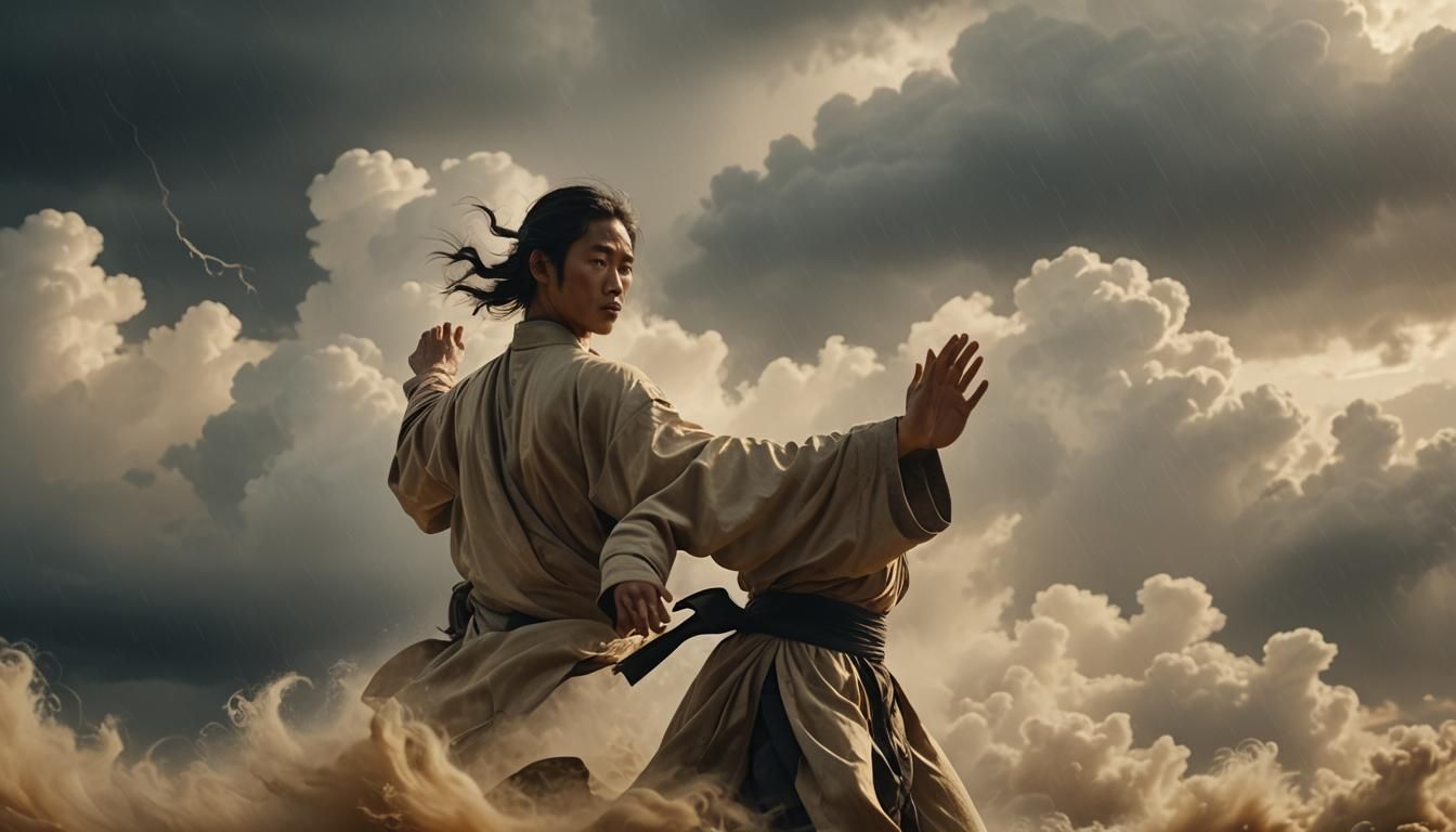 Serene Figure Amidst Storm Clouds in Cinematic Style