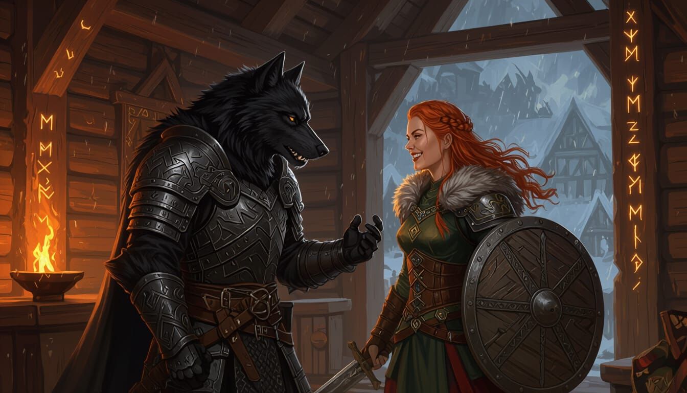 Nordic Wolf Warrior Faces Shieldmaiden in Torchlit Hall