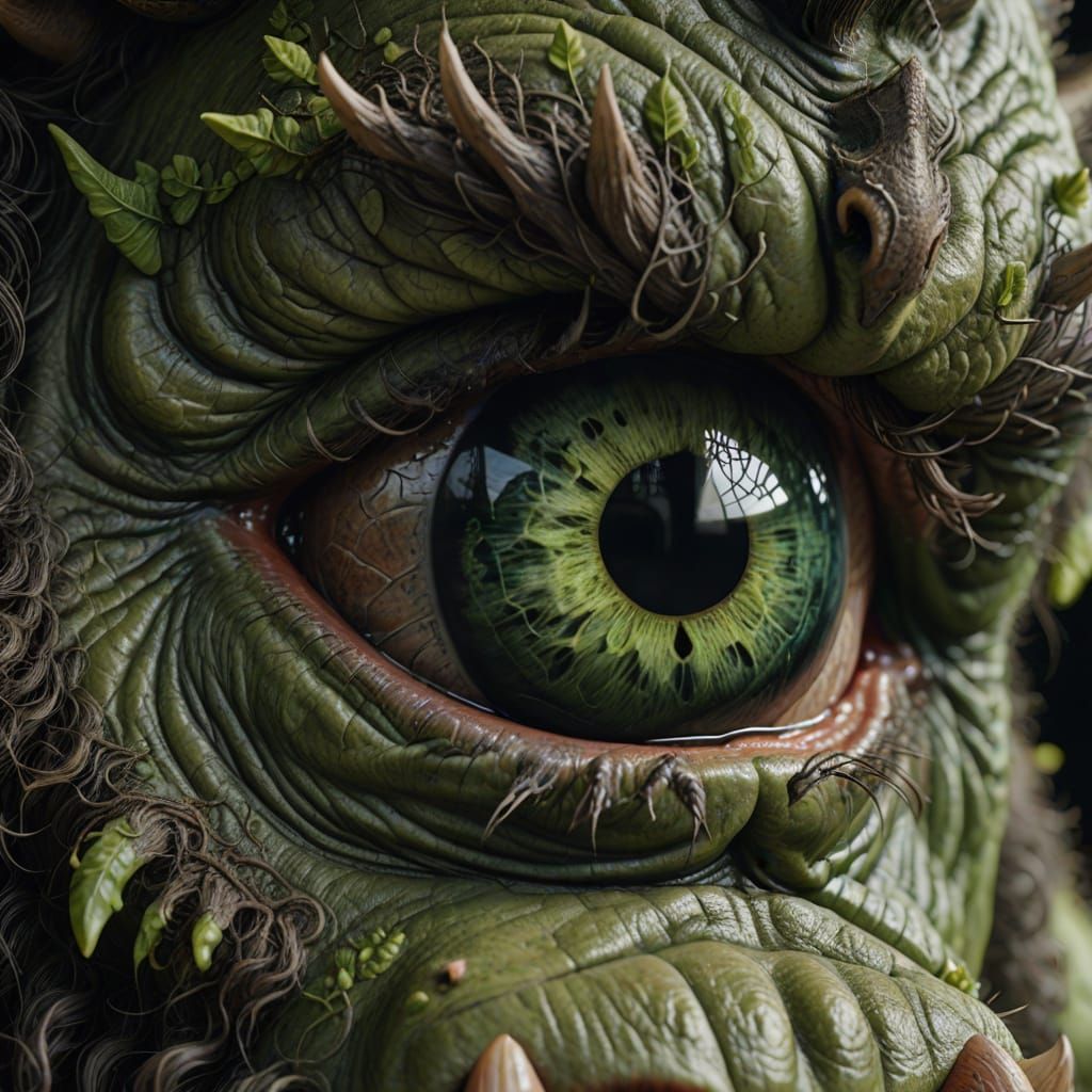 Ogre with Vibrant Green Eyes in Hyperrealistic Detail
