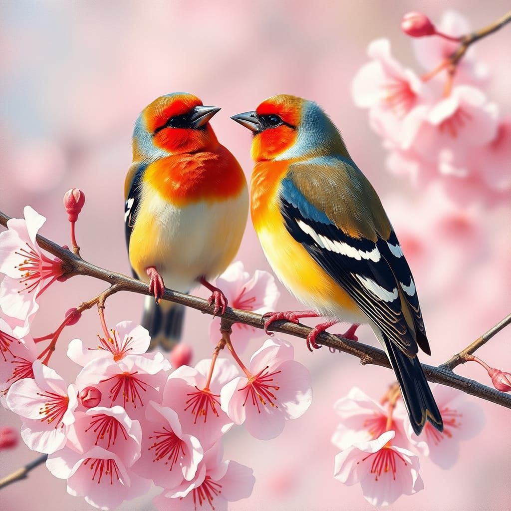 Finches on Cherry Blossom Branch in Impressionist Style