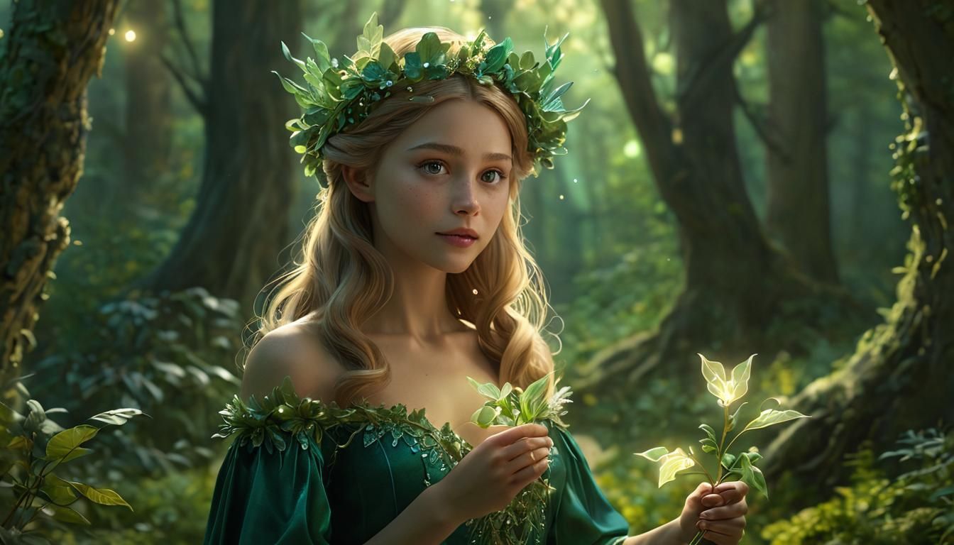 Enchanted Forest Princess with Glowing Bouquet