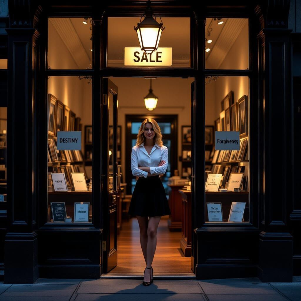 Woman at Nightstore Entrance with Abstract Concepts Displaye...