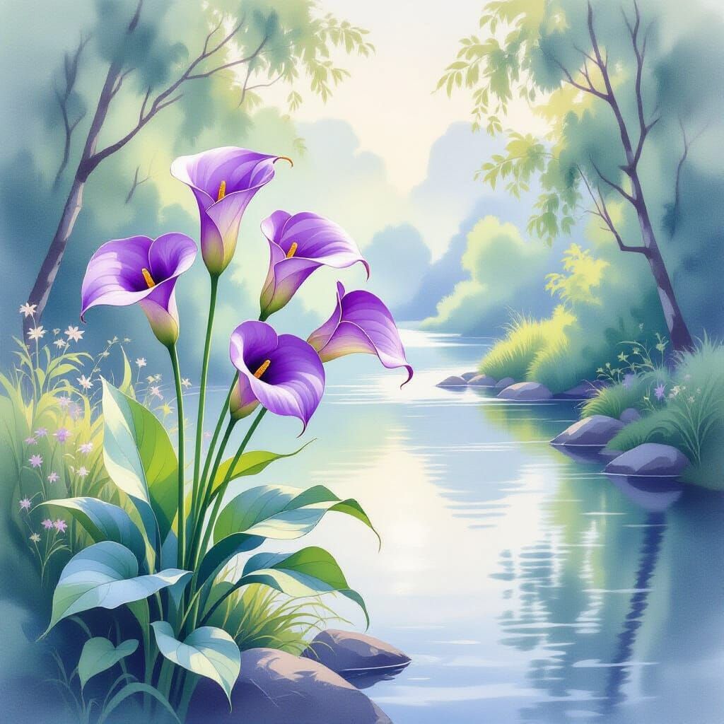 Purple Calla Lilies by River in Watercolor Style