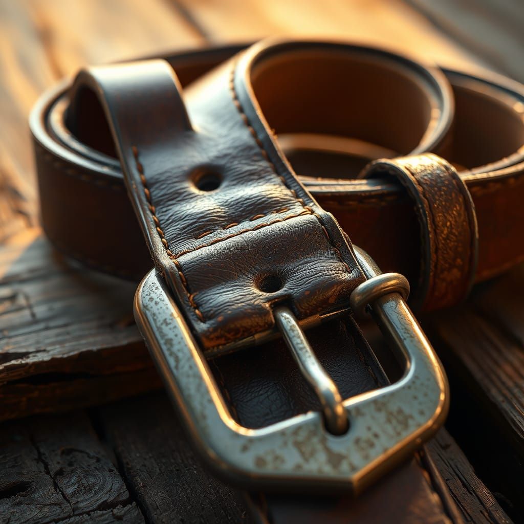 Realistic Leather Belt on Wooden Surface