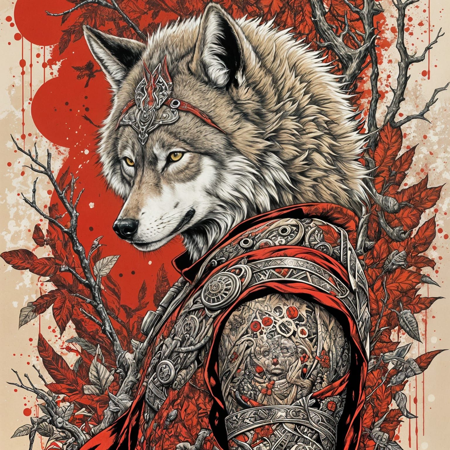 Wolf-Clad Man in Intricate Bramble Frame