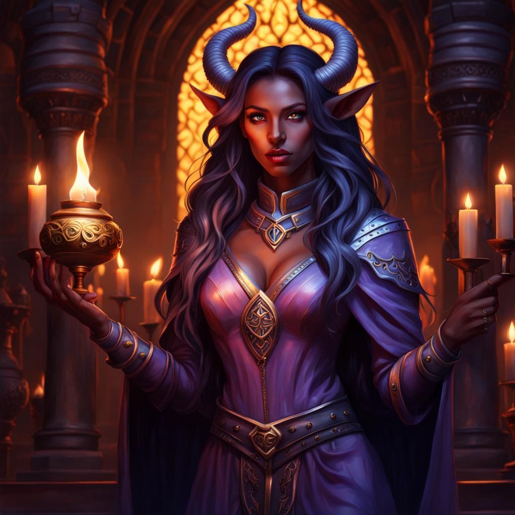 Beautiful Tiefling Cleric in Candlelight Temple
