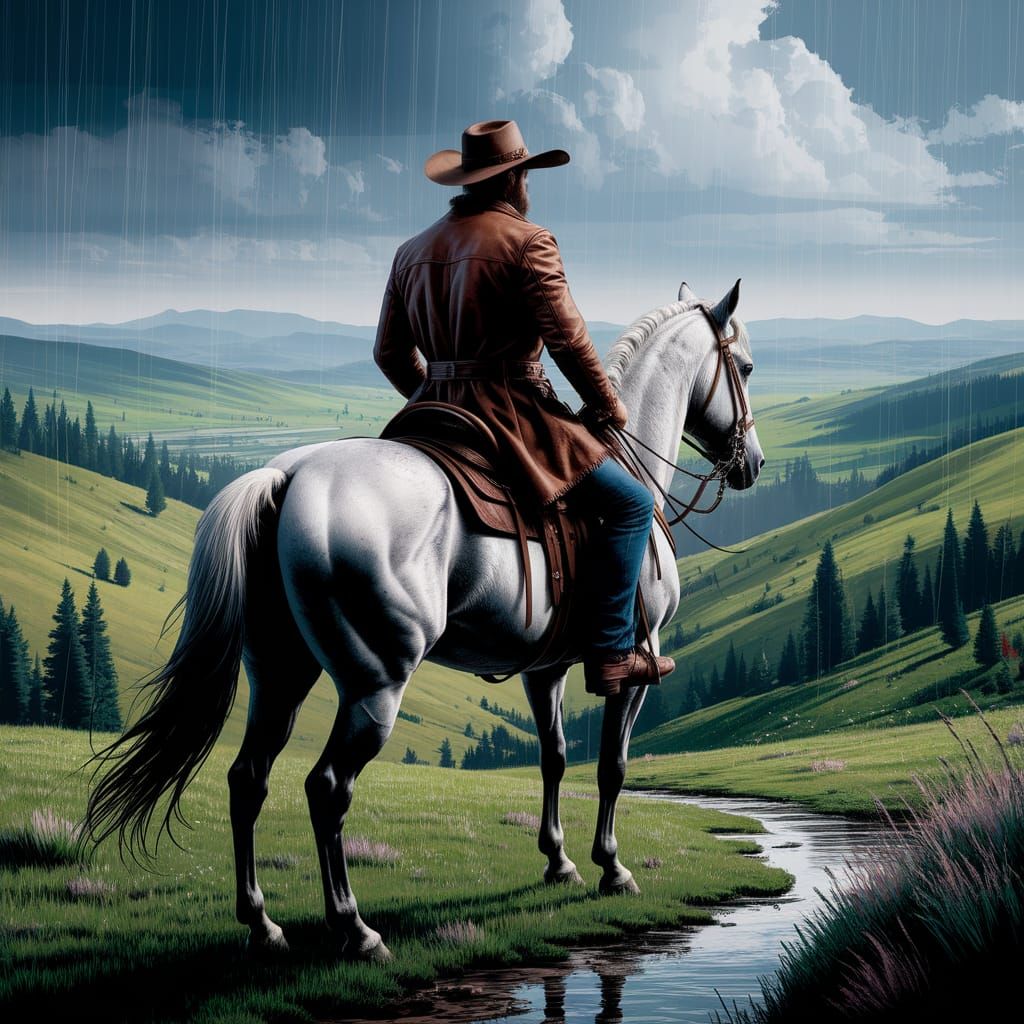 Cowboy on Horseback Overlooking Plains, Digital Ink Art
