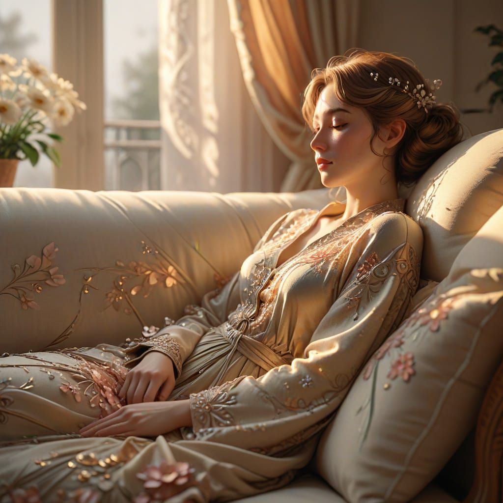 Art Nouveau Anime Cocooning in Morning Light