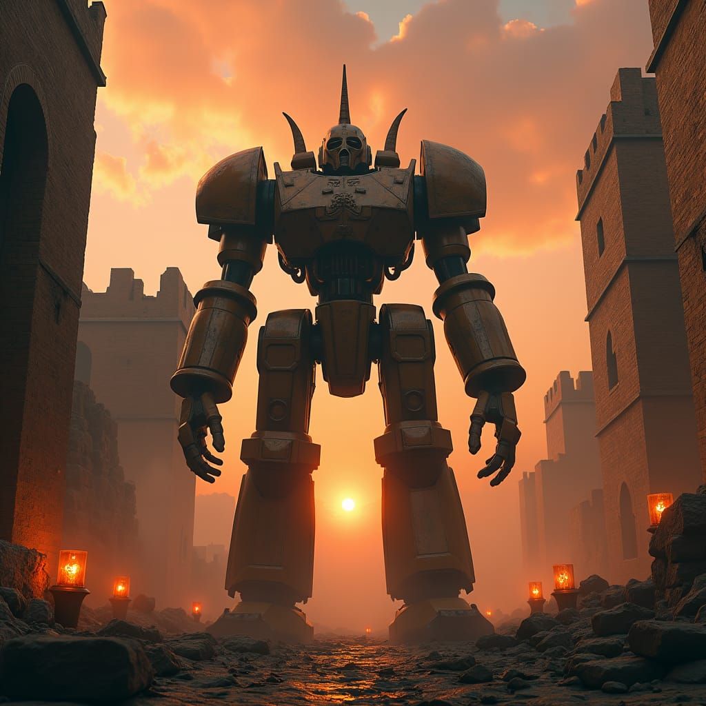 Ancient Indian Warrior Robot in Ruined Fortress