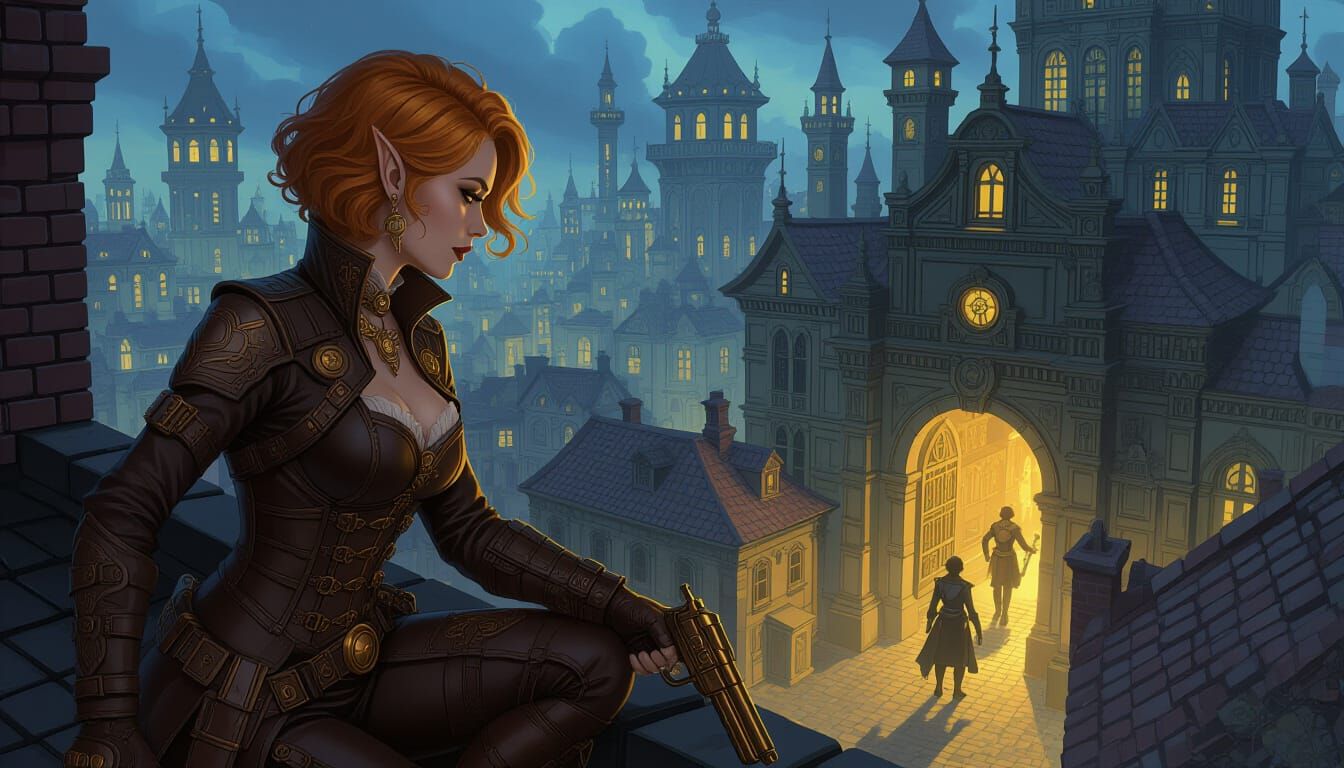 Steampunk Vigil: Woman Watches Elf in Cityscape