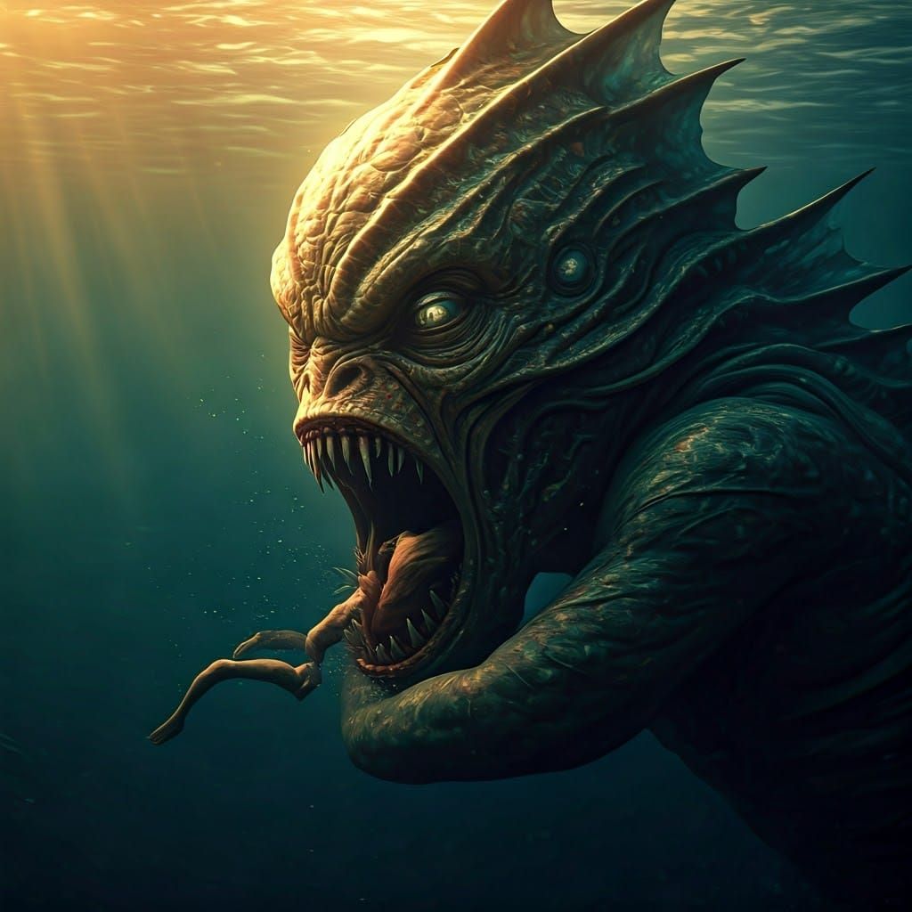 Eldritch Sea Monster Attacks Swimmer: Cinematic Photograph