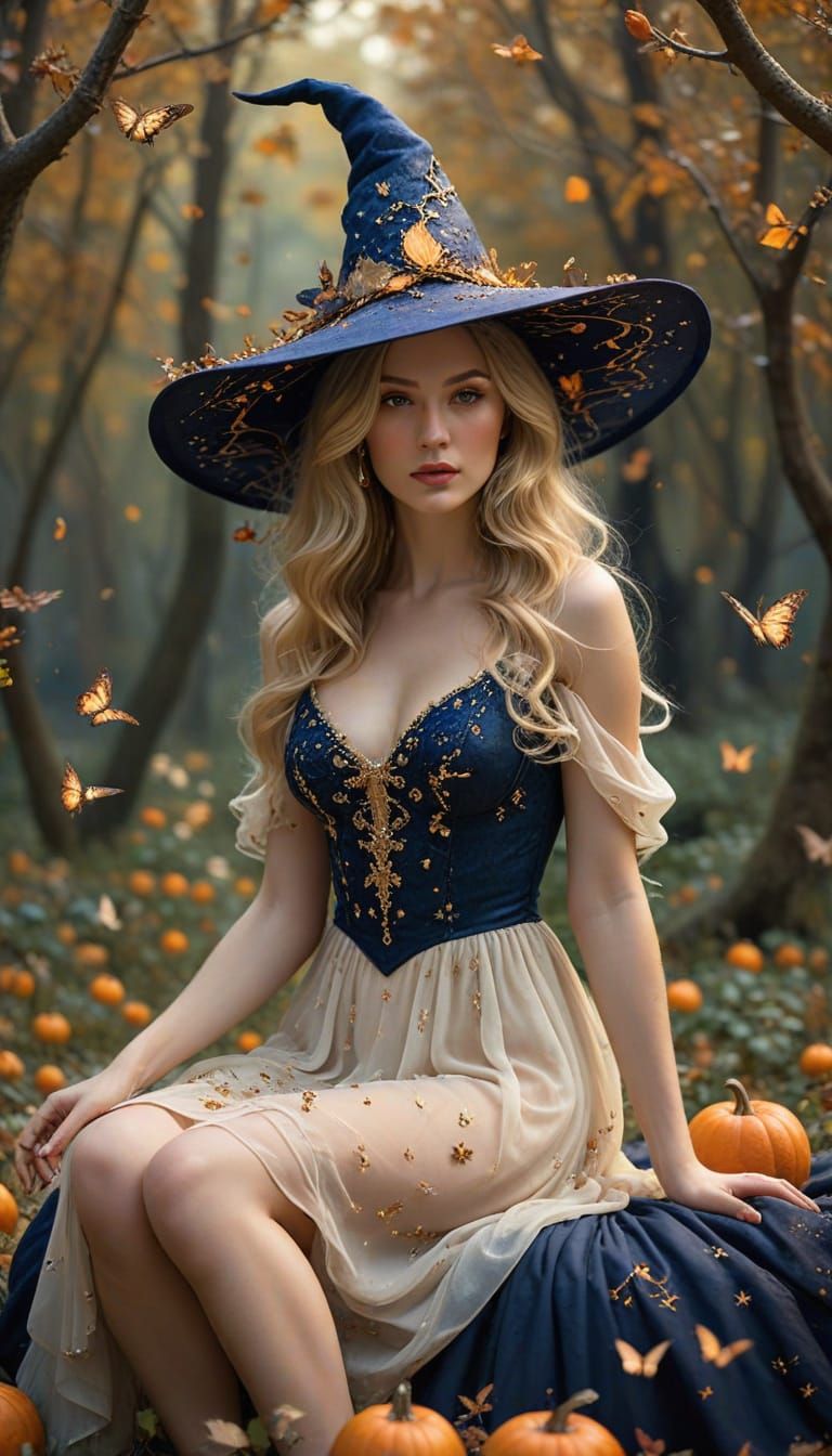 Whimsical Witch in Rose Garden with Glowing Pumpkin