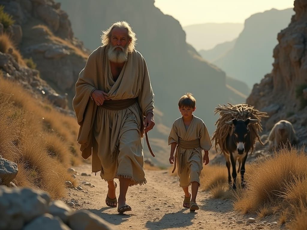 Elderly Abraham's Determined Journey to the Holy Mountain